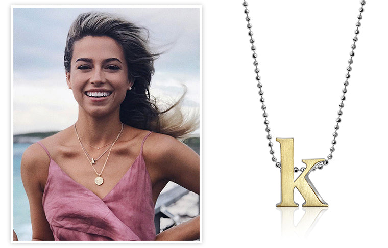Bachelor and Bachelor in Paradise Star Kristina Schulman wearing Alex Woo Fusion Little Letter K in 18K Yellow Gold and Sterling Silver