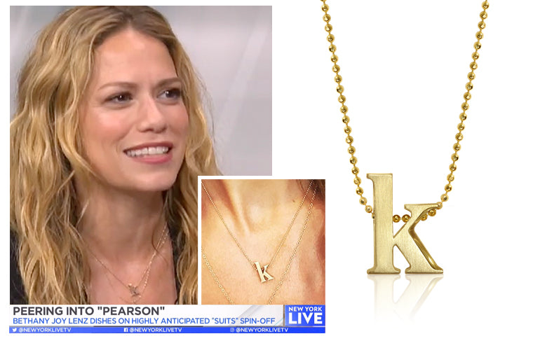 Bethany Joy Lenz, Actress of Suits Spinoff Pearson, wearing Alex Woo Little Letter K