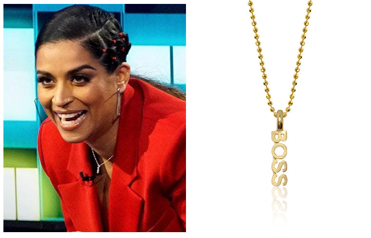 Lilly Singh wearing our Alex Woo Mini X BOSS in 14kt Yellow Gold