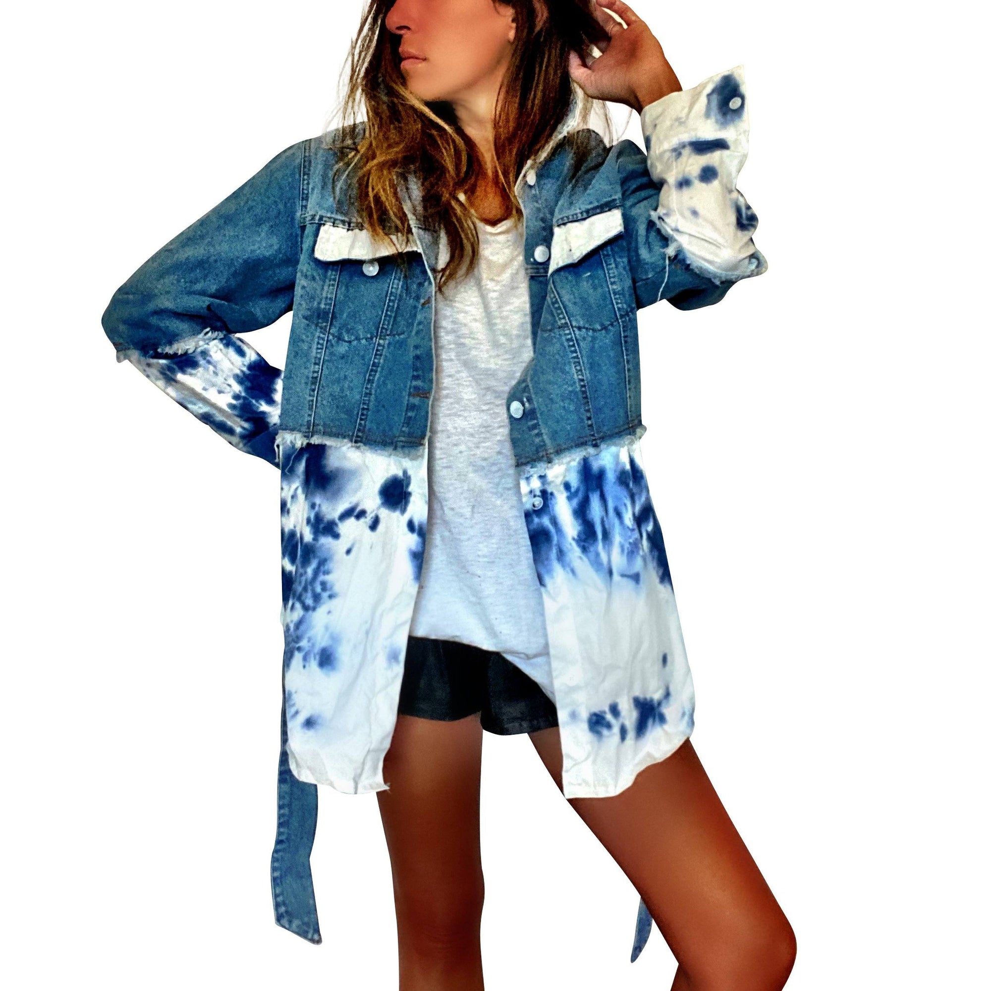 white and blue denim jacket