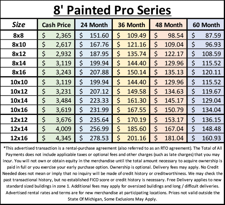 8' Painted Pro Series Pricing Chart