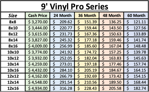 9' Vinyl Pro Series Shed Price Chart