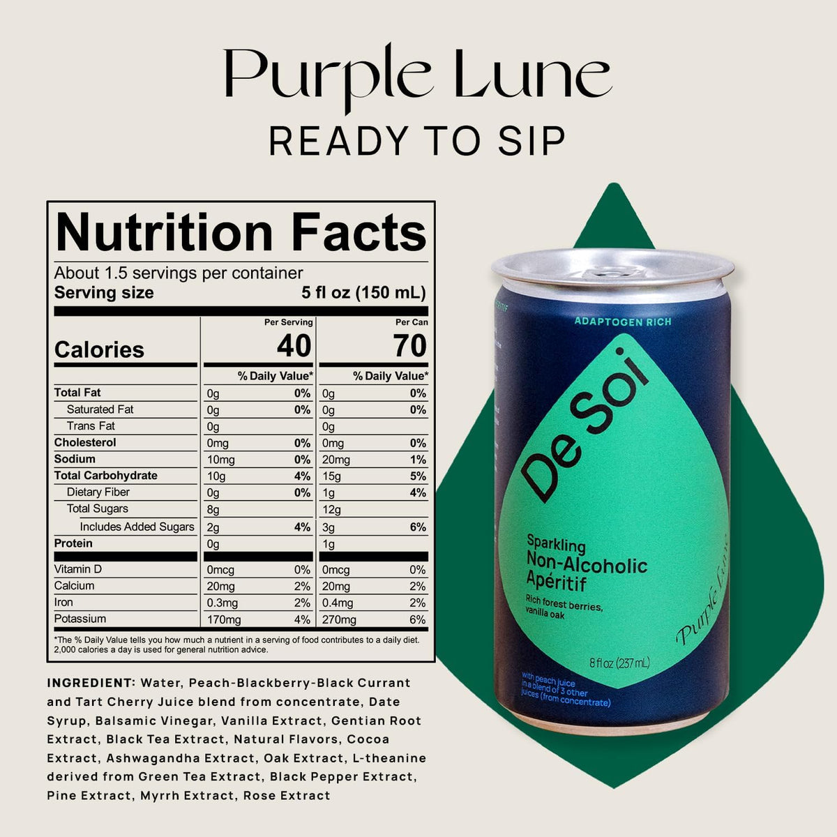 De Soi Purple Lune Cans Non-Alcoholic Aperitif by Katy Perry - Sparkling Adaptogen Beverage with Cherry, Ashwagandha, Green Tea | Non-Alcoholic, Vegan & Gluten-Free | 257ml Cans