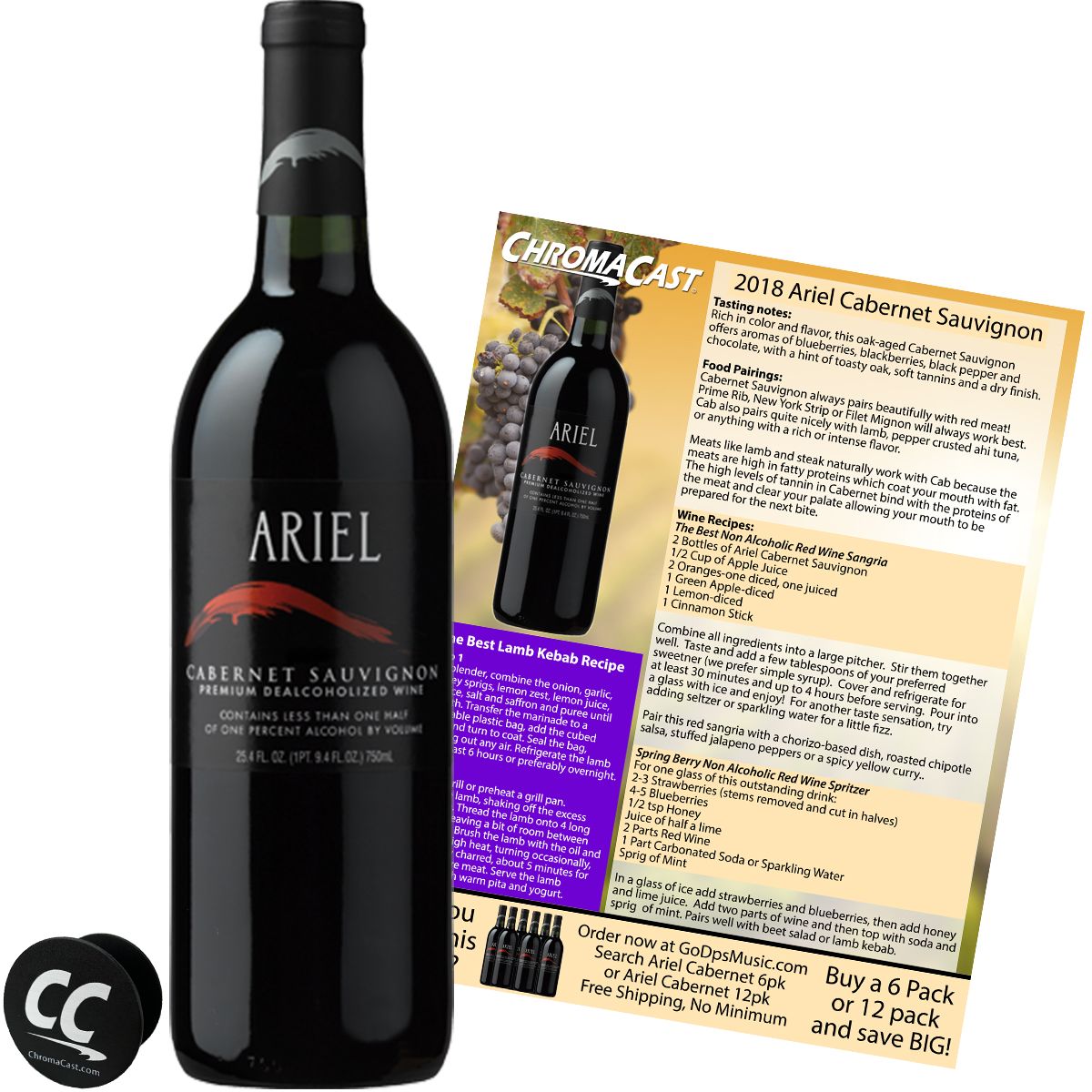 Ariel Cabernet Non-Alcoholic Red Wine Experience Bundle with Chromacast Pop Socket, Seasonal Wine Pairings & Recipes