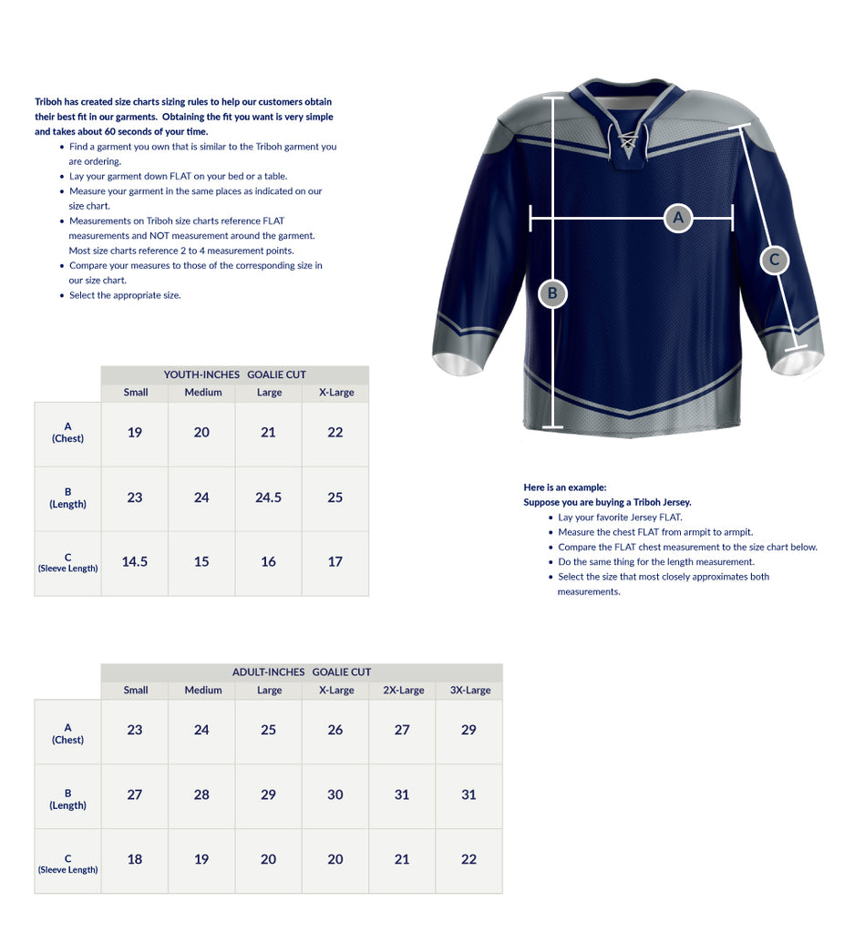 Captain Hockey Jersey Sizing Chart (Goalie Cut)