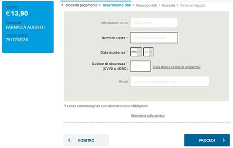 Inserimento dati Carta di credito su GESTPAY