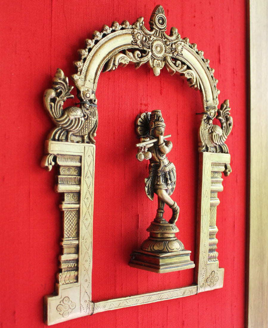 Exquisite Framed Brass Prabhavali On Red Raw Silk With Lord Krishna F Theindianweave