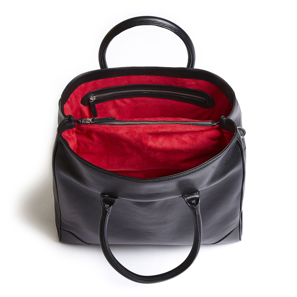 black tote with red lining