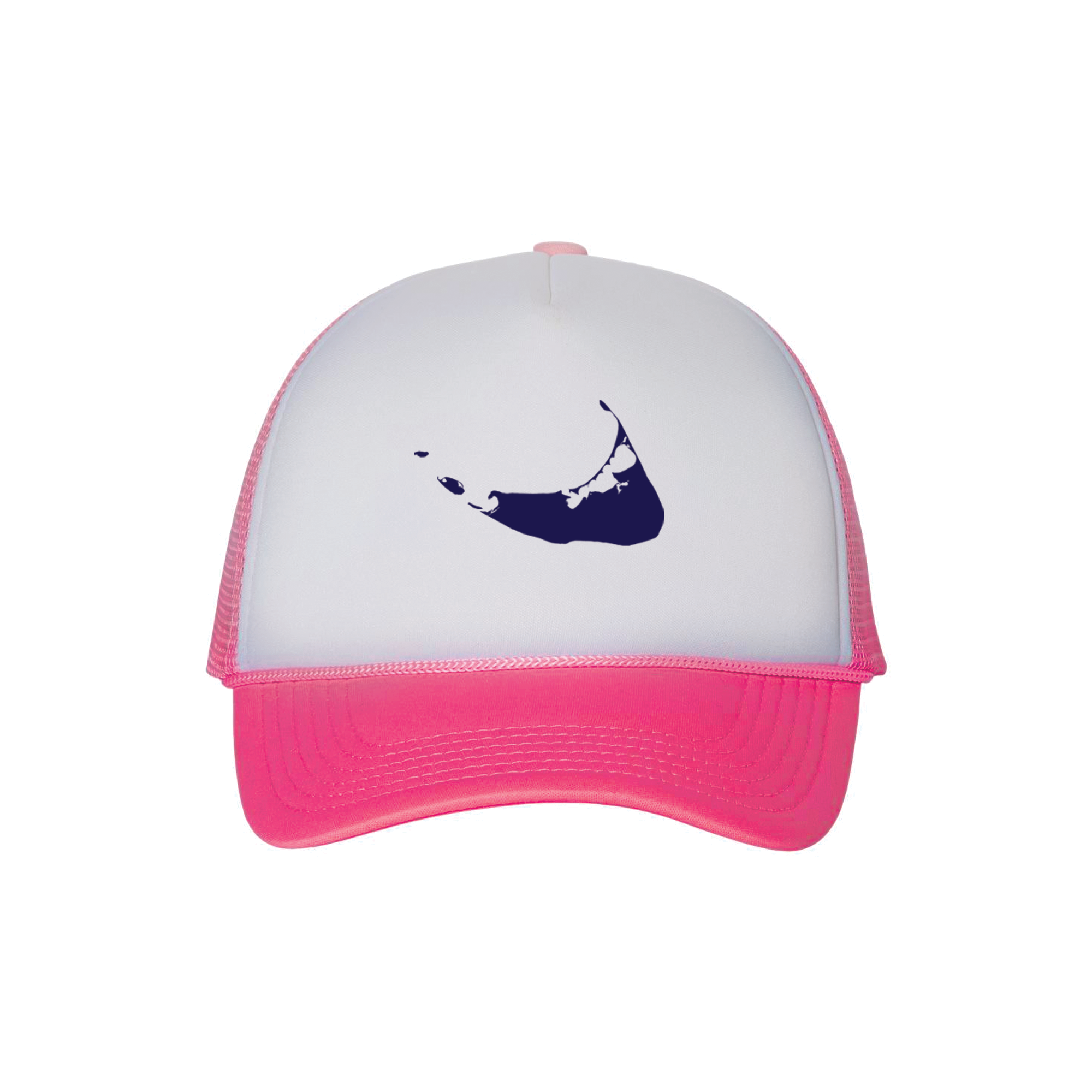 Nantucket Island Trucker Hat (White/Pink, Navy)