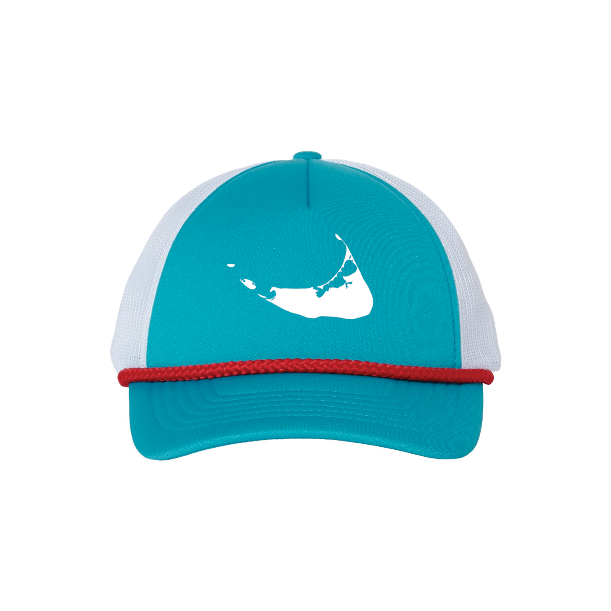 Nantucket Island Trucker Hat with Rope (Teal/White, White, Red)
