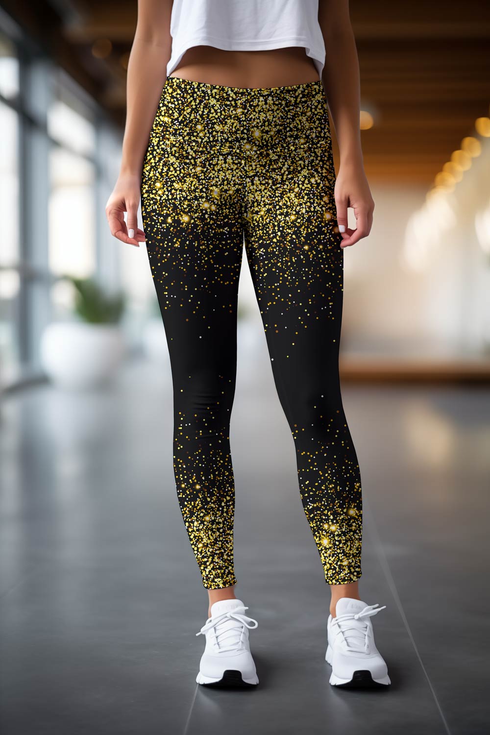 Image of Chichi Lucy Black & Gold Glitter Print Leggings Yoga Pants - Women