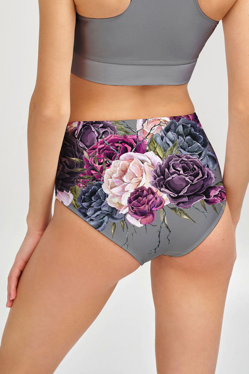 Duchess Cara Grey Floral High-Waist Hipster Bikini Bottom - Women