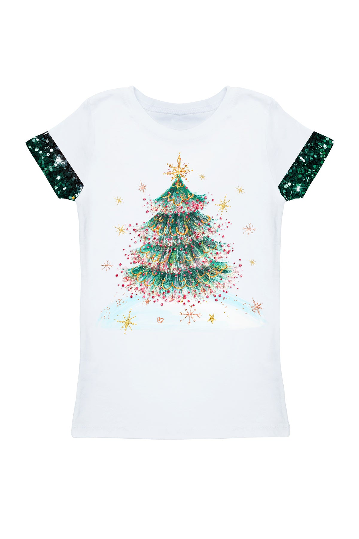 Image of Glitzy Tinsel Zoe White Christmas Tree Printed Holiday T-Shirt - Girls