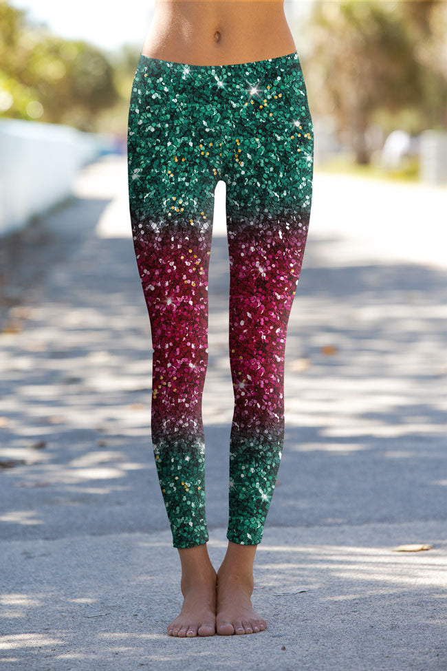 Image of Glitzy Tinsel Lucy Green Glitter Printed Leggings Yoga Pants - Women