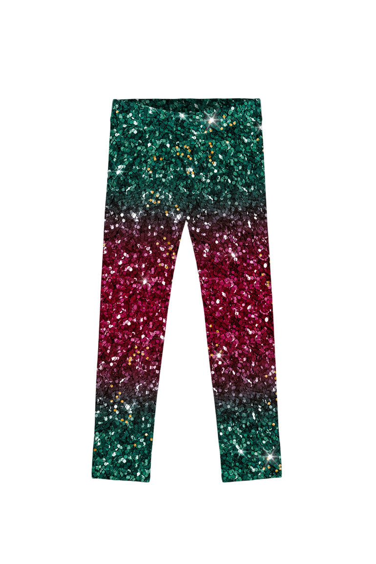 Image of Glitzy Tinsel Lucy Green Glitter Shiny Print Holiday Leggings - Girls