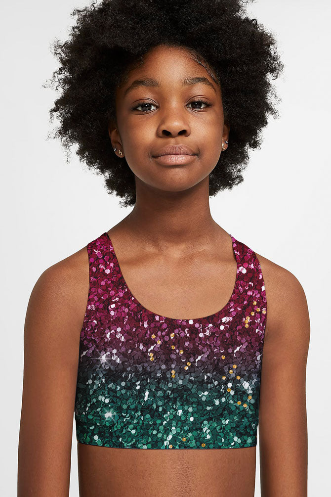 Image of Glitzy Tinsel Stella Green Glitter Seamless Sports Bra Crop Top - Kids