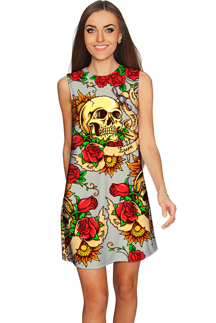 Hardy Gal Adele Beige Red Skull Rose Printed Shift Mini Dress - Women