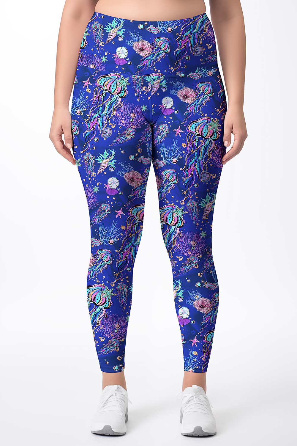 Image of Jellyfish Lucy Blue Sea Life Print Leggings Yoga Pants - Women