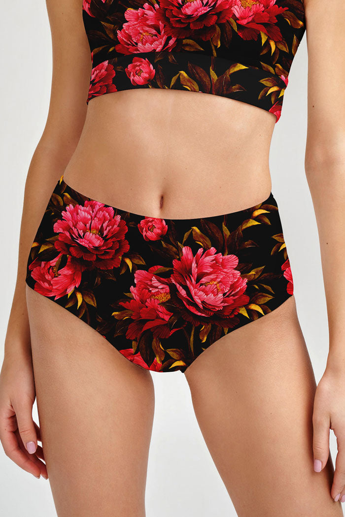 True Passion Cara Black Red Floral Print Hipster Bikini Bottom - Women