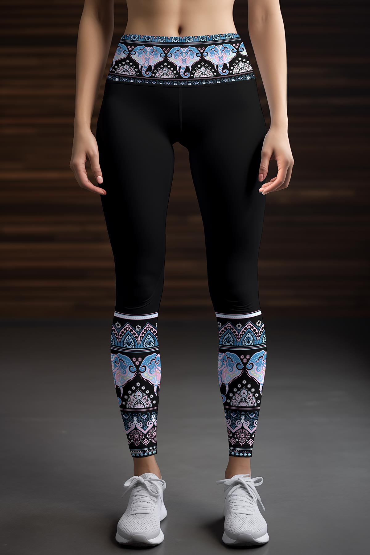 Sri Lanka Lucy Black Boho Elephant Print Leggings Yoga Pants - Women