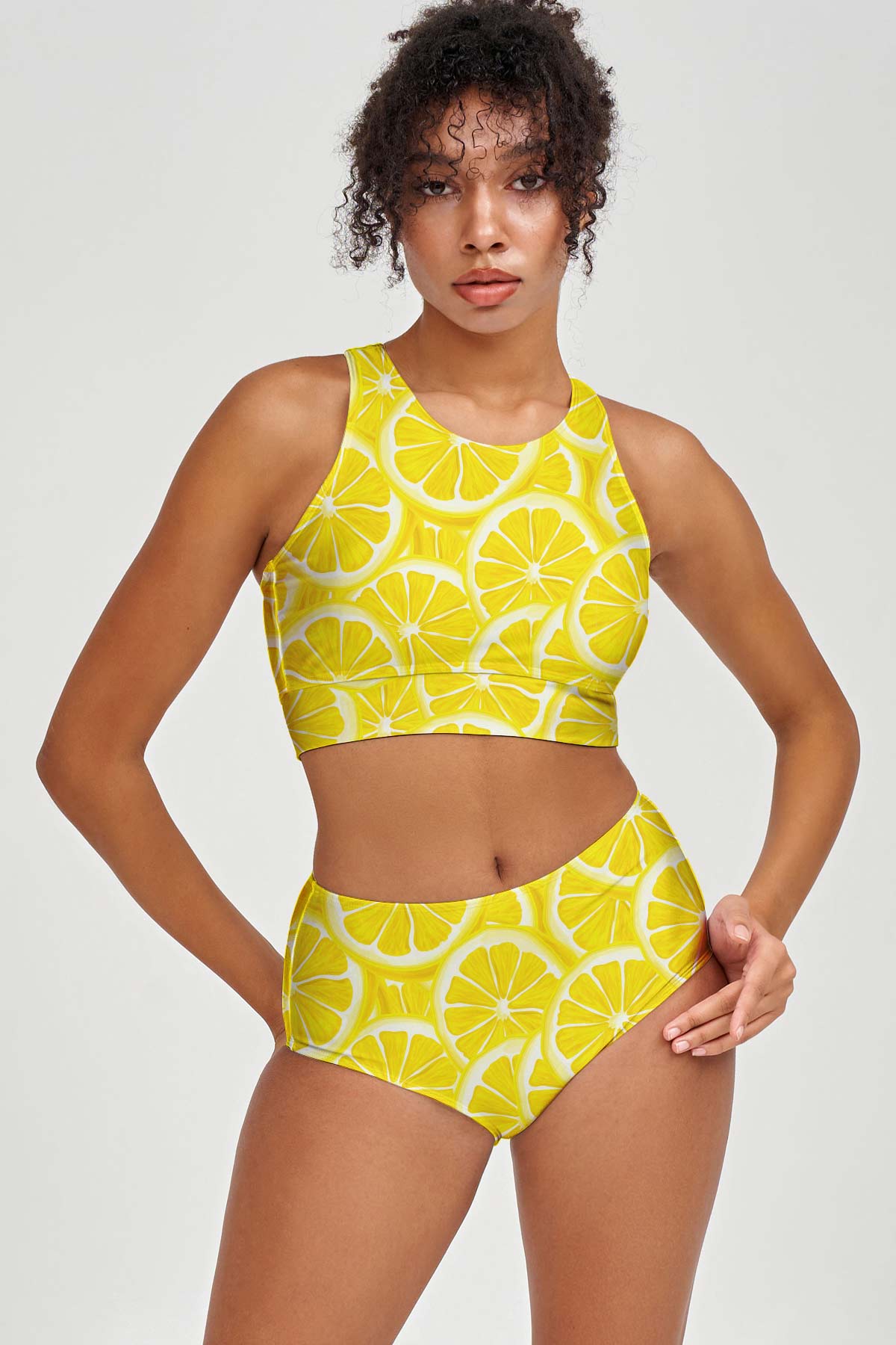 A Piece of Sun Carly Yellow Lemon High Neck Crop Bikini Top - Women