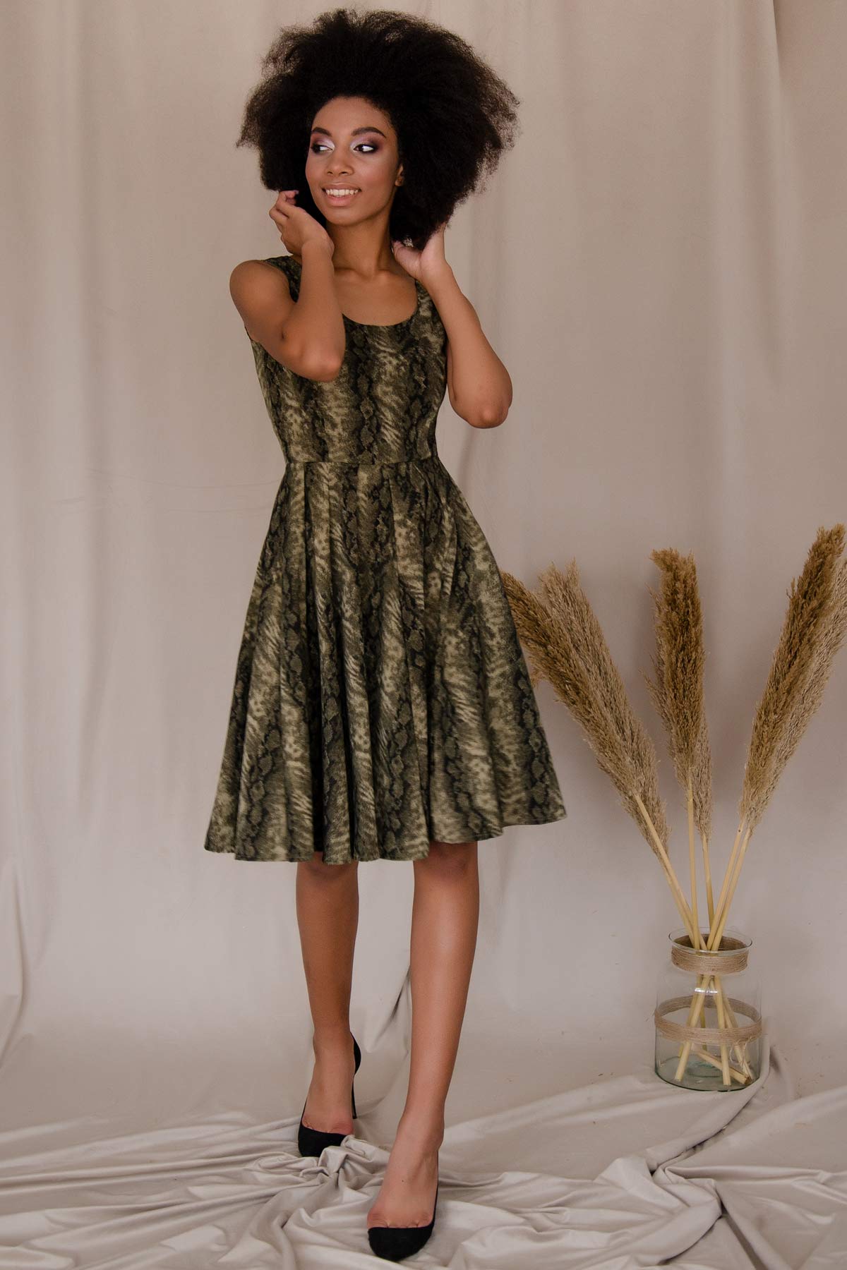 Sage Green Animal Print Skater Evening Party Dress - Women