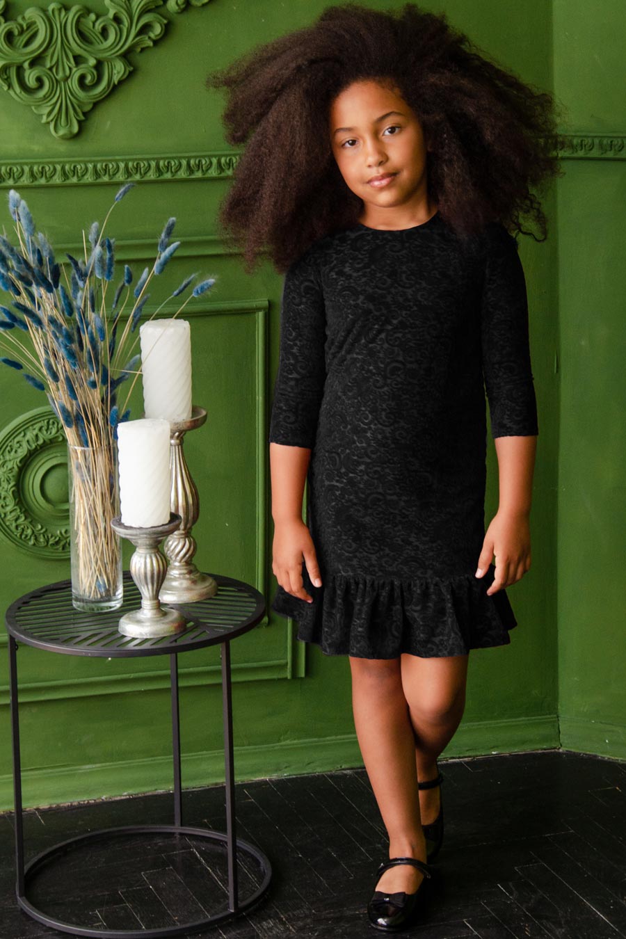 Black Velvet Jacquard Holiday Dress - Girls