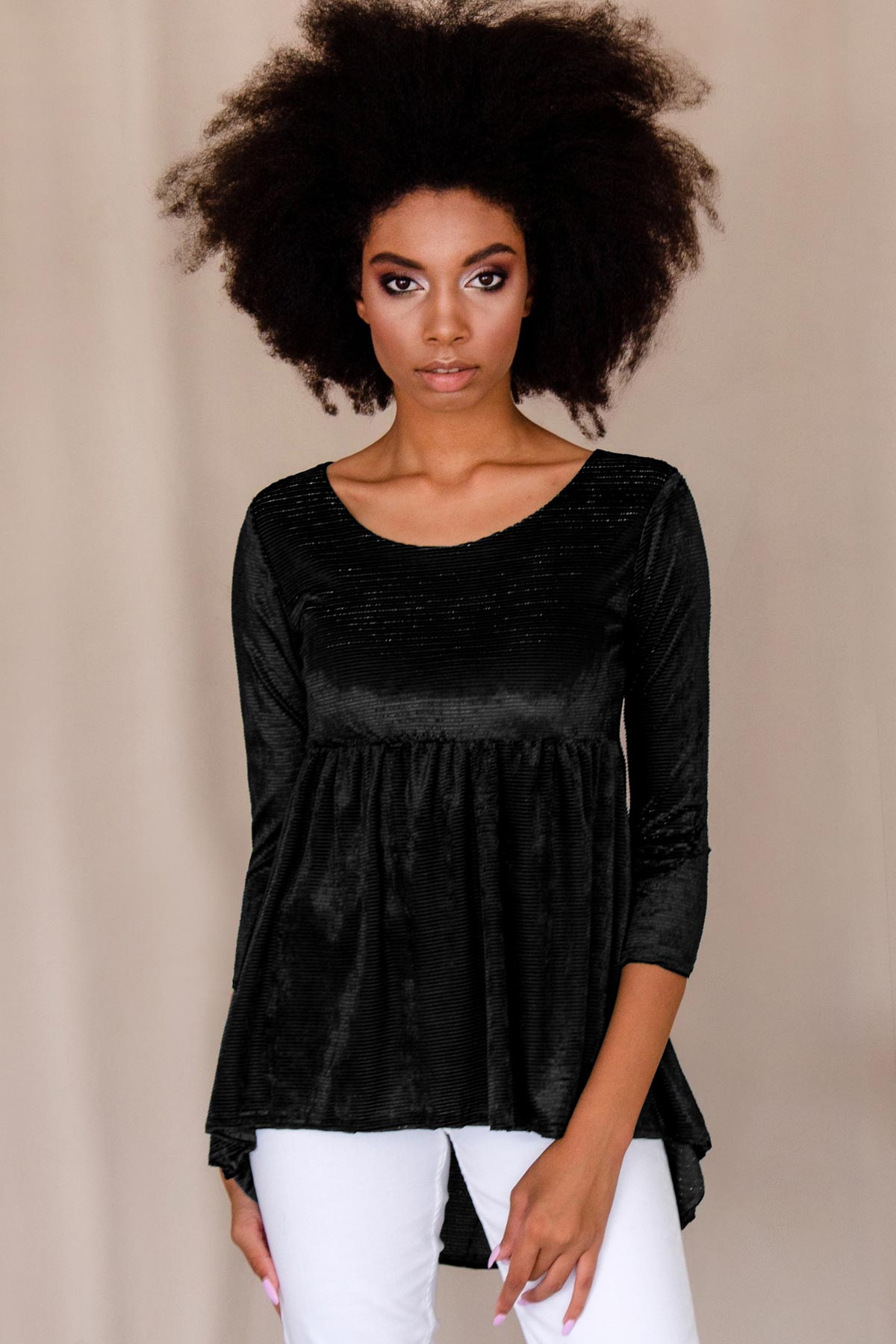 Black Ribbed Velvet Stretchy Boho Evening Party Top Tunic - Women