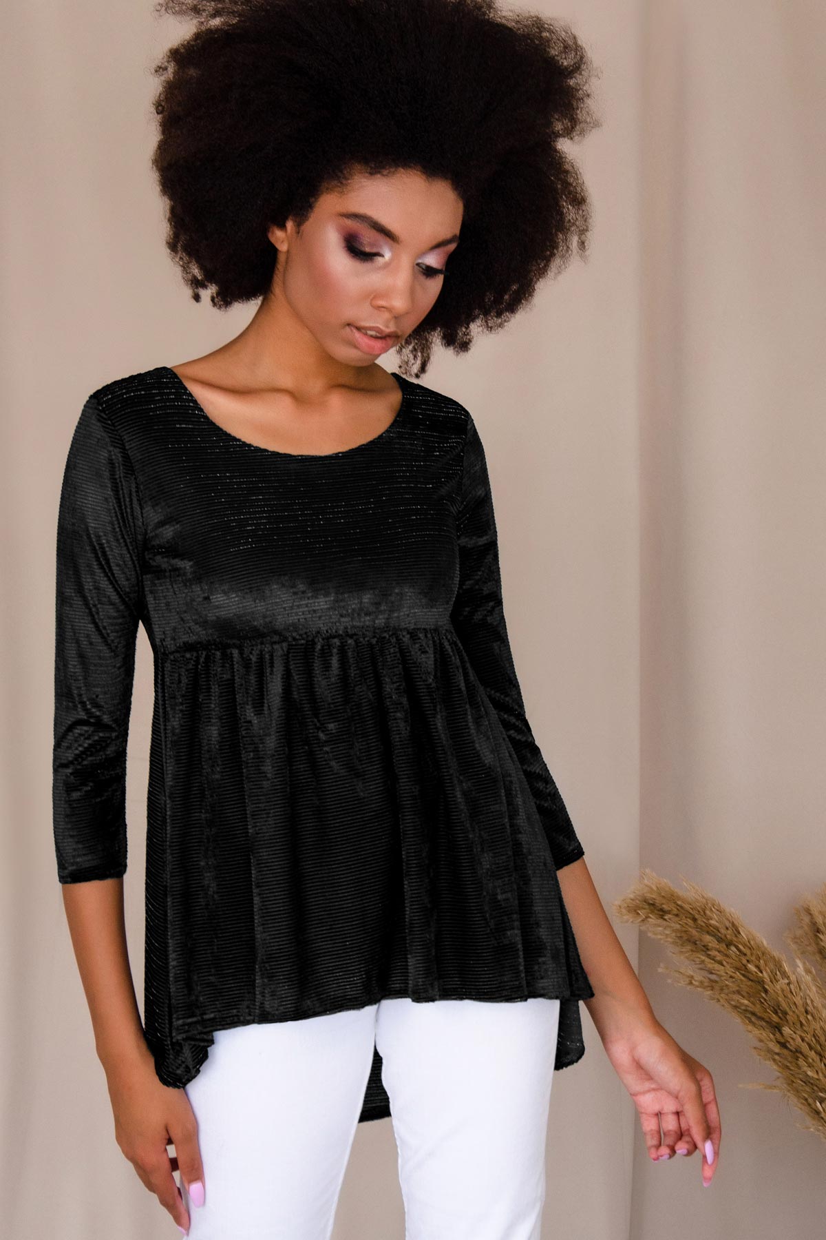 Black Ribbed Velvet Stretchy Boho Evening Party Top Tunic - Women