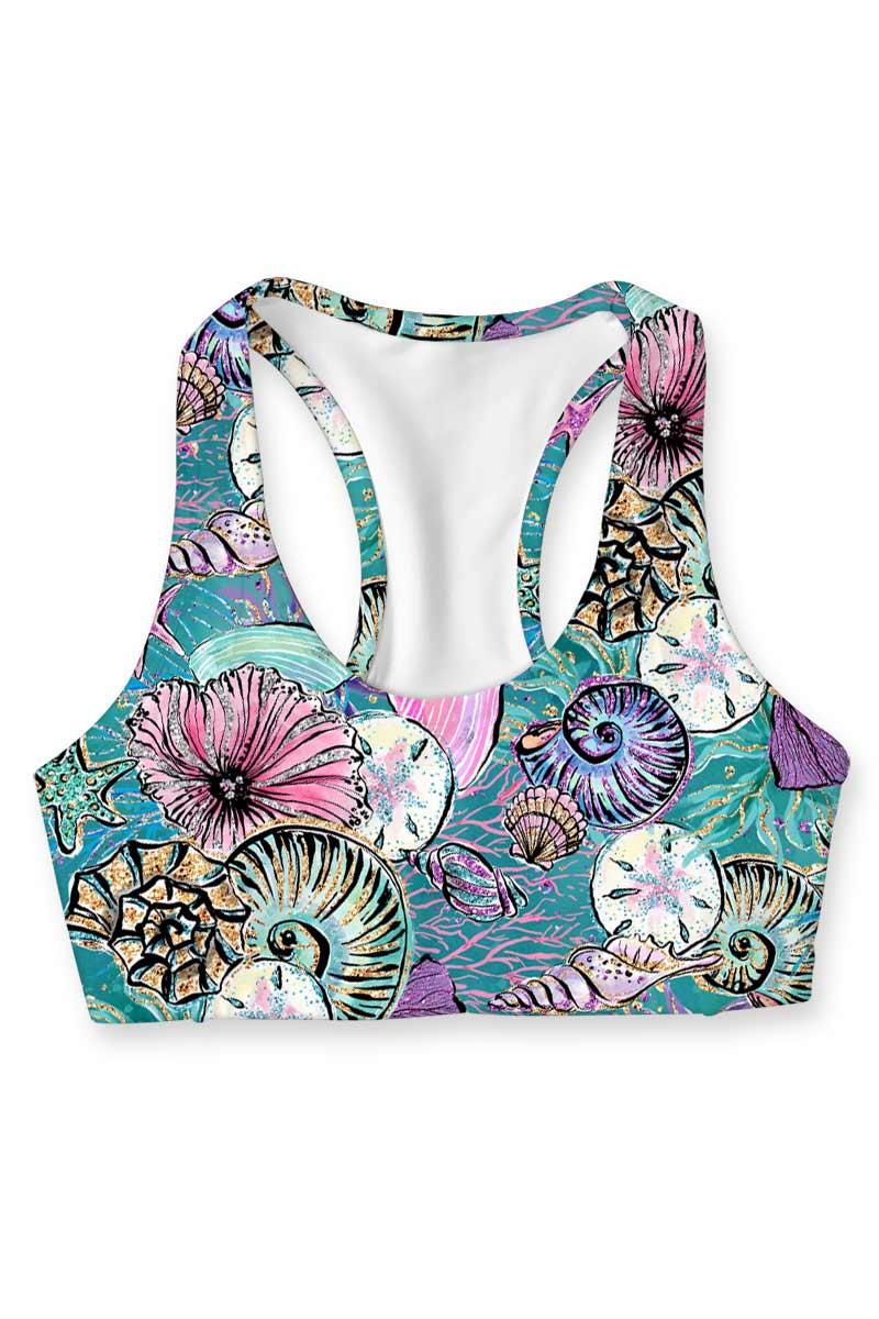 Blue Seashells Stella Adorable Seamless Racerback Sport Yoga Bra - Women