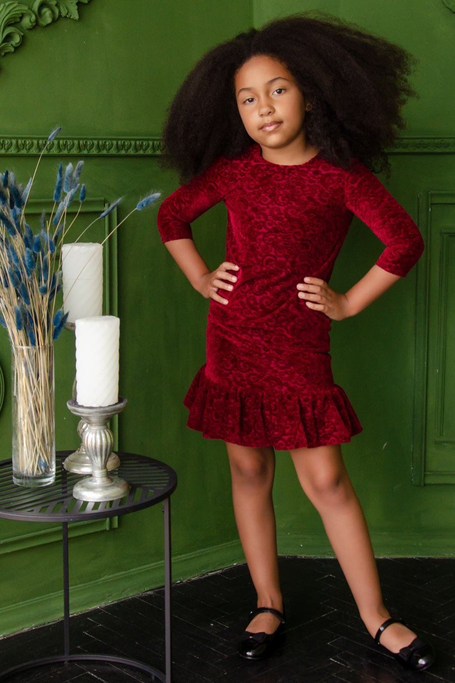 Burgundy Velvet Jacquard Holiday Dress - Girls