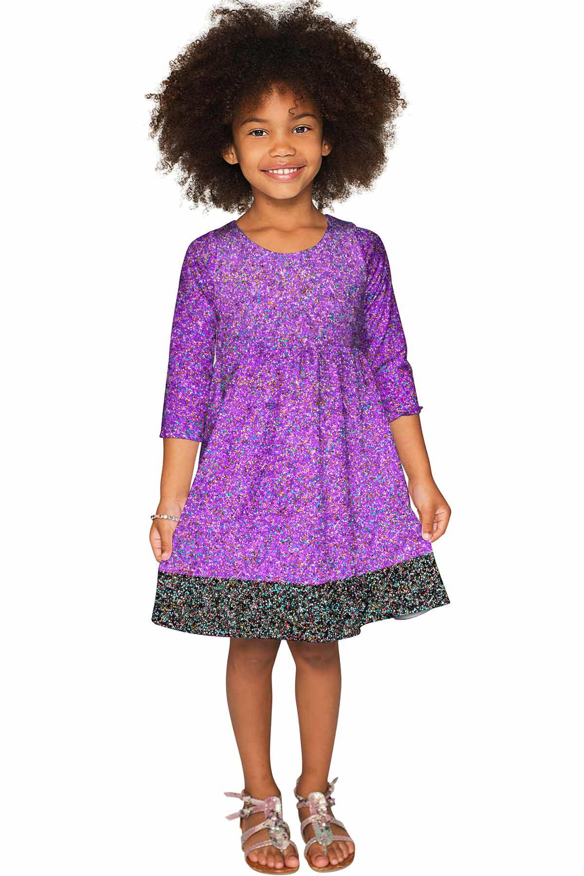 Call Me Gloria Purple Glitter Print Empire Waist Dress - Girls