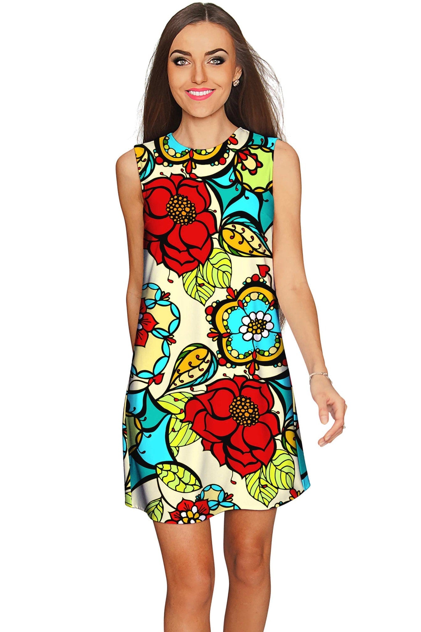 CLEARANCE! 65% off with code: VIP65 - Carnaval Adele Colorful Print Summer Shift Dress - Women