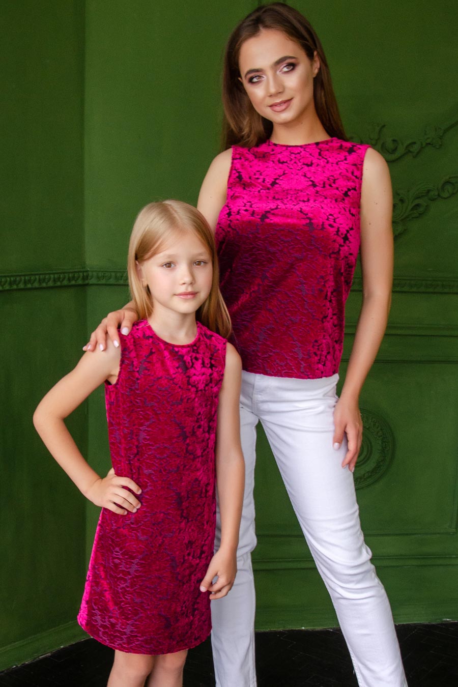 Deep Raspberry Velvet Jacquard Holiday Mother Daughter Outfit