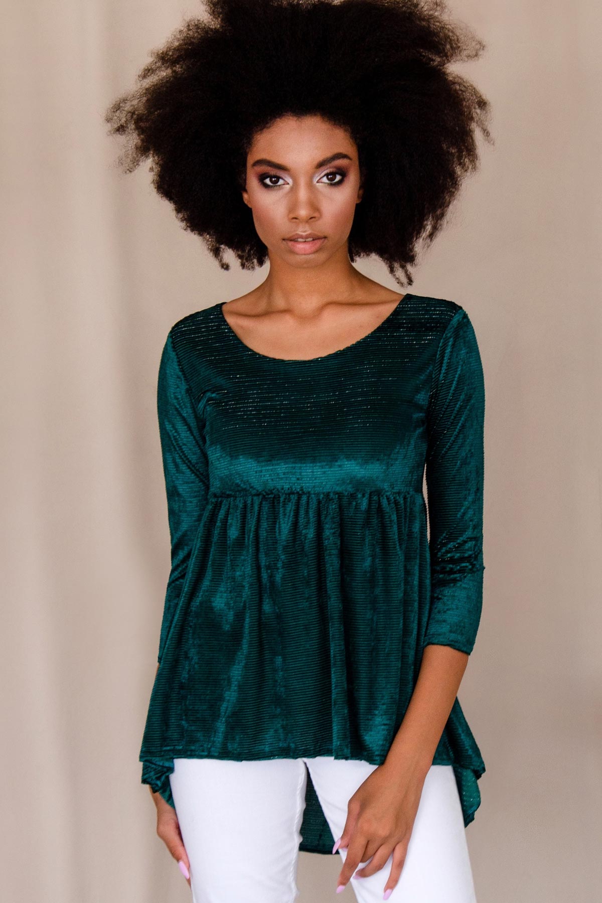 Emerald Green Ribbed Velvet Stretchy Boho Party Top Tunic - Women