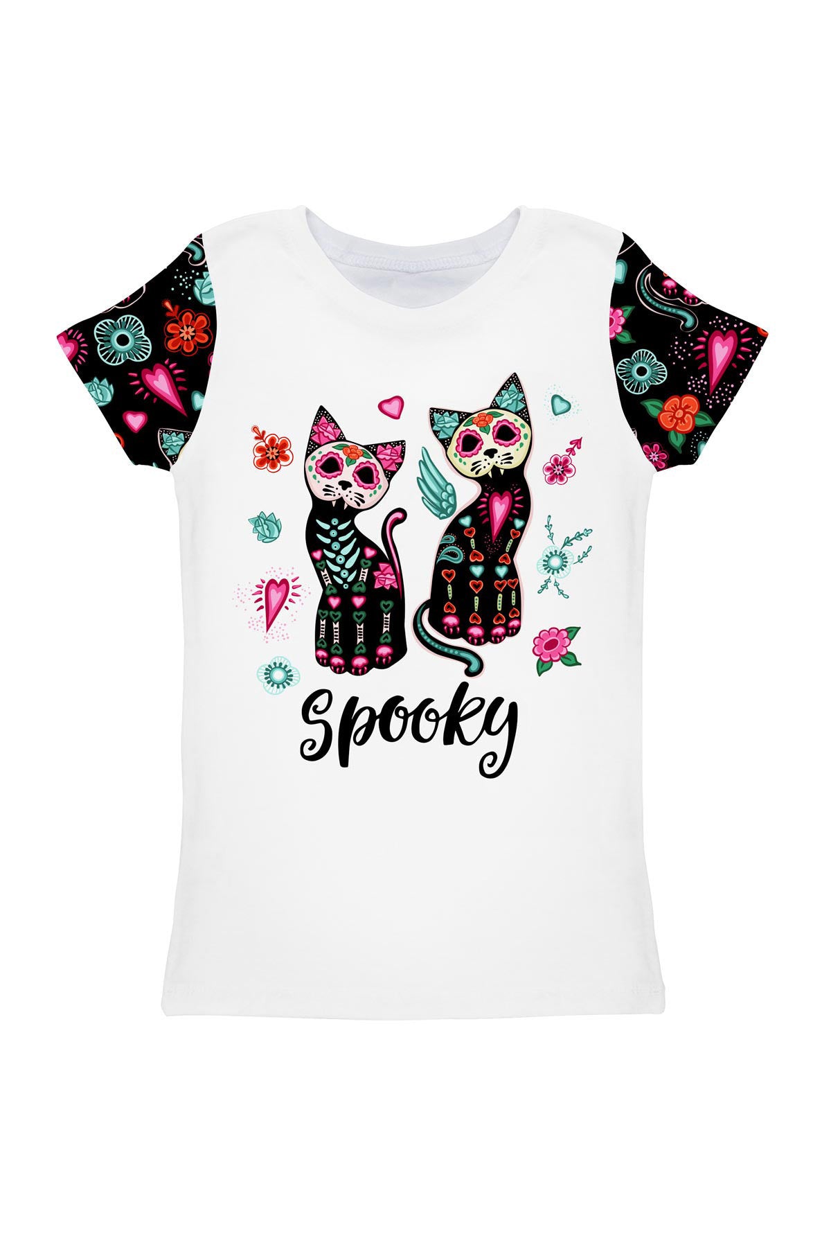 FangTastic Zoe White Spooky Cat Print Halloween T-Shirt - Kids