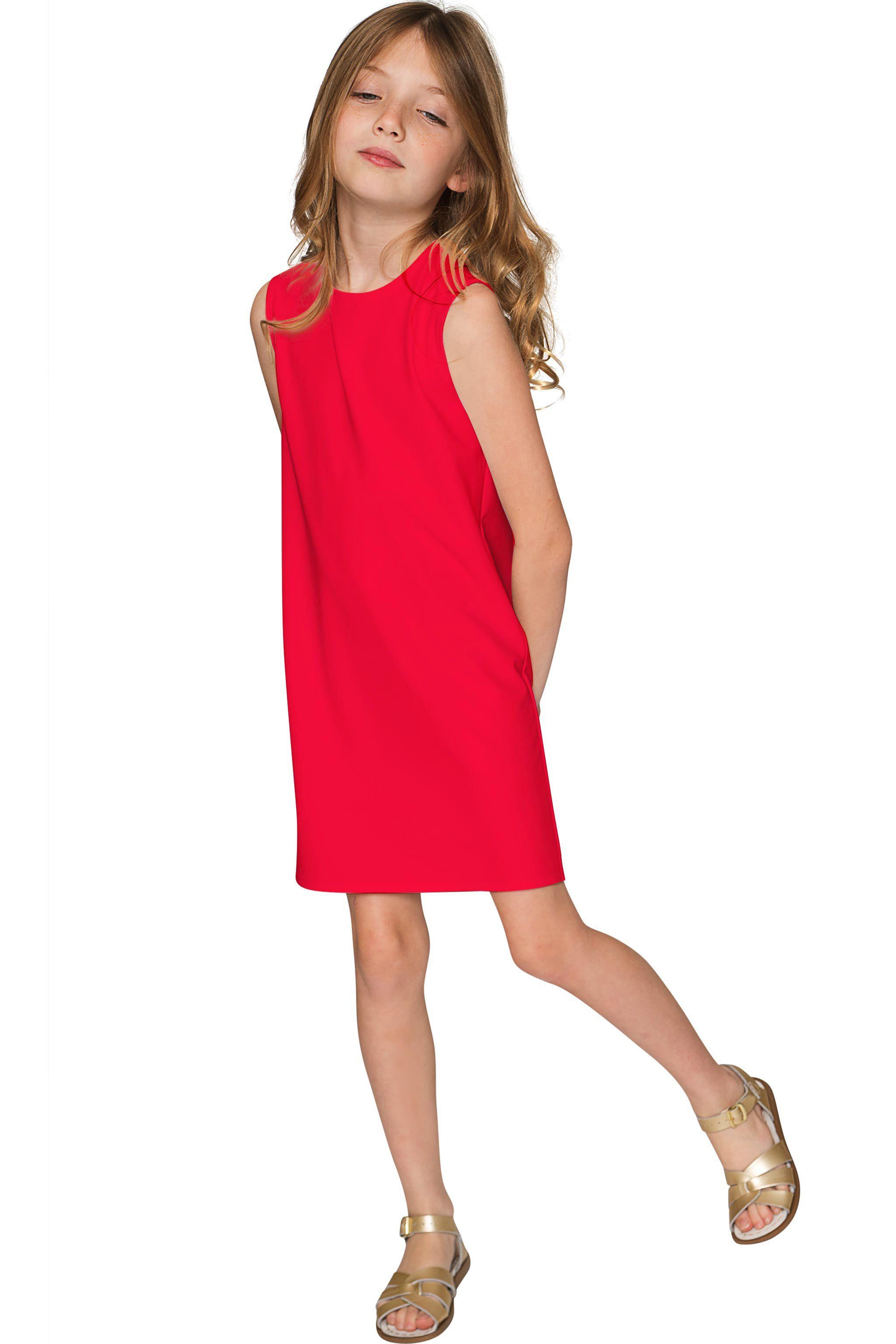 Cherry Red Stretchy Sleeveless Cute A-Line Summer Shift Dress - Girls