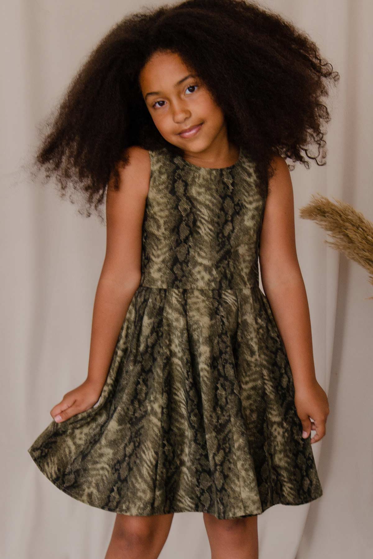 Sage Green Animal Print Fit & Flare Skater Party Dress - Girls