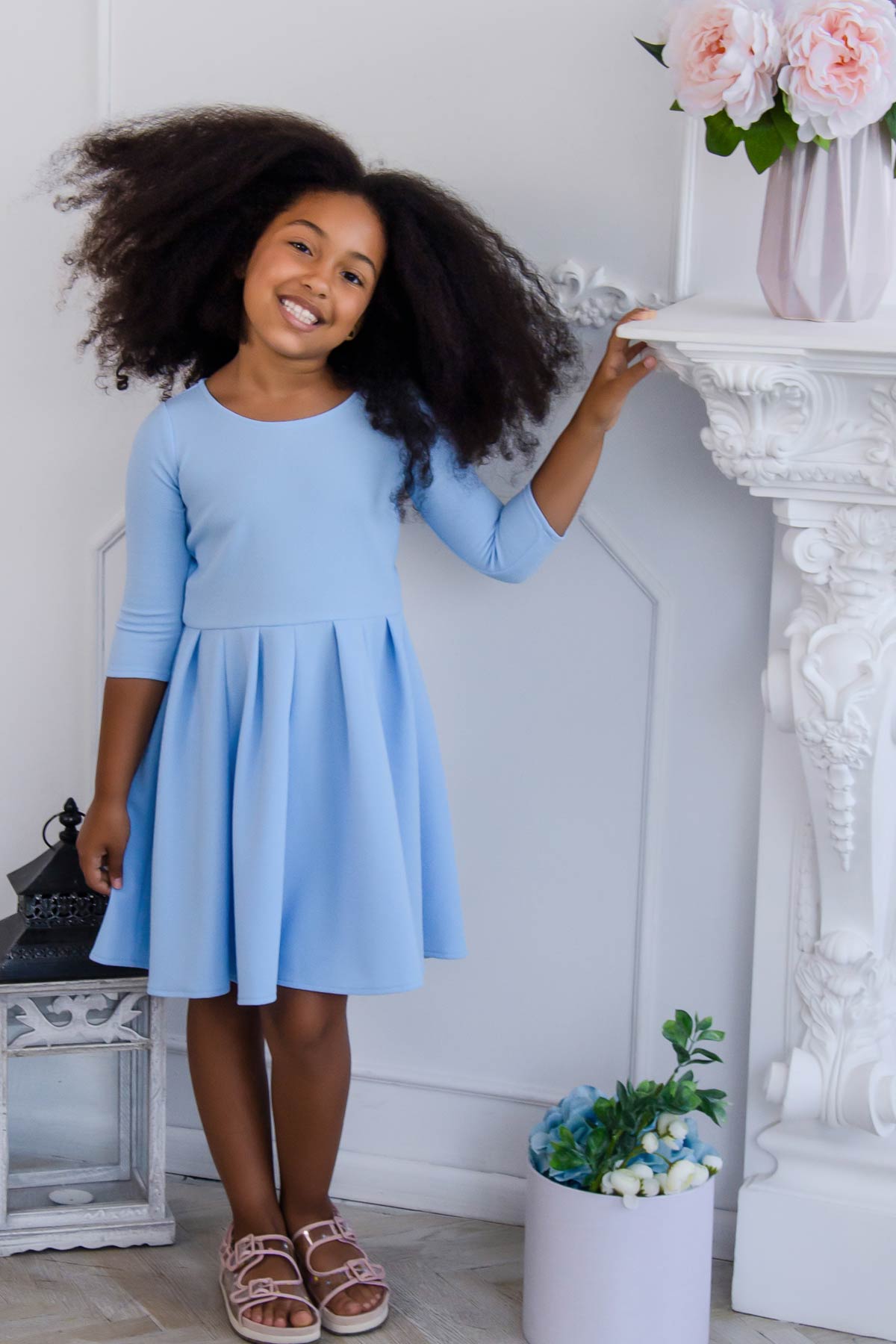 Baby Blue Skater Fit & Flare 3/4 Sleeve Easter Party Dress - Girls