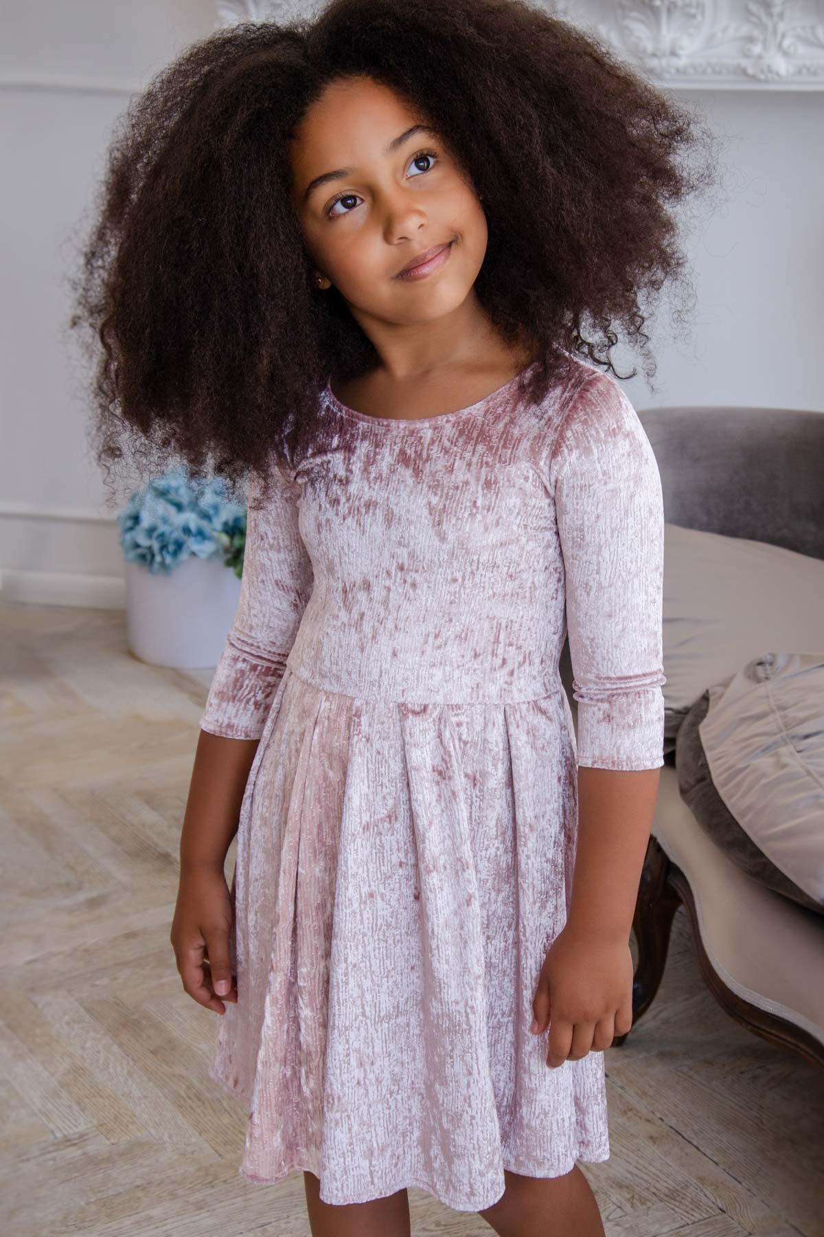 CLEARANCE! 65% off with code: VIP65 - Pale Pink Crushed Velvet Skater Fit & Flare Easter Party Dress - Girls