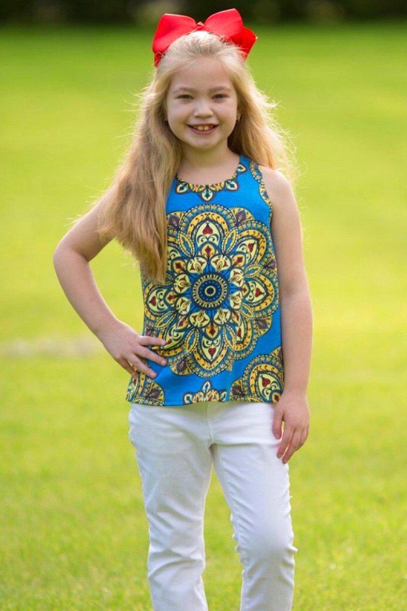 Boho Chic Emily Blue Geometric Print Sleeveless Top - Girls