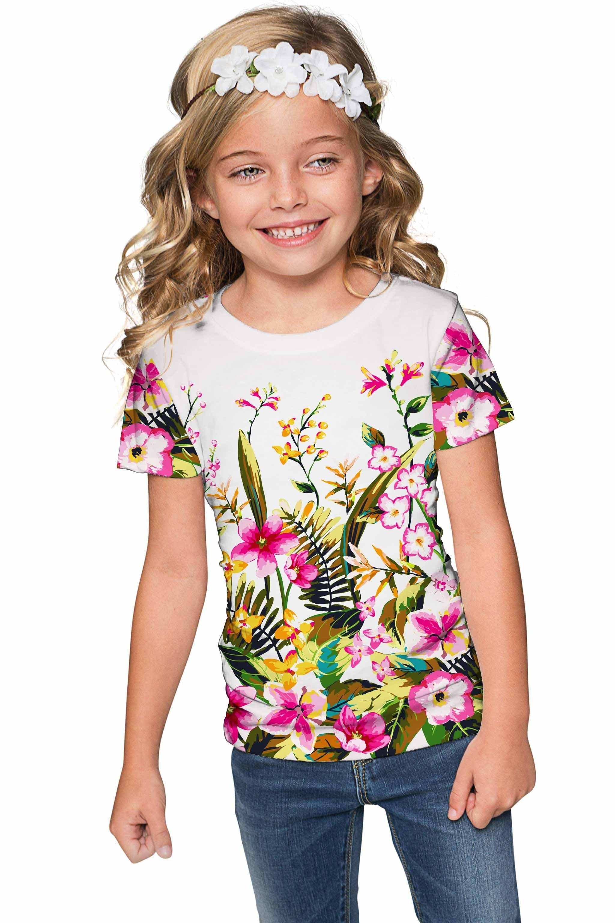 CLEARANCE! 65% off with code: VIP65 - Mountain Garden Zoe White Floral Tropical Print Summer Eco Tee - Girls