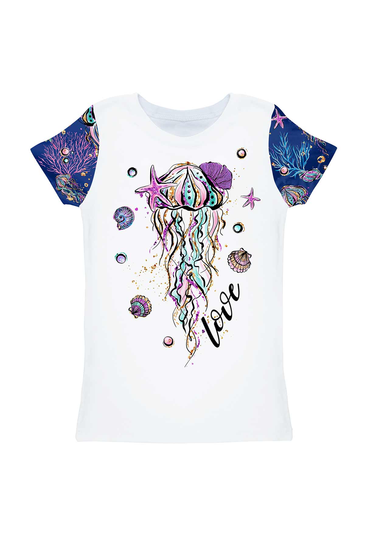 Jellyfish Zoe Cute White & Blue Sea Print T-Shirt - Kids