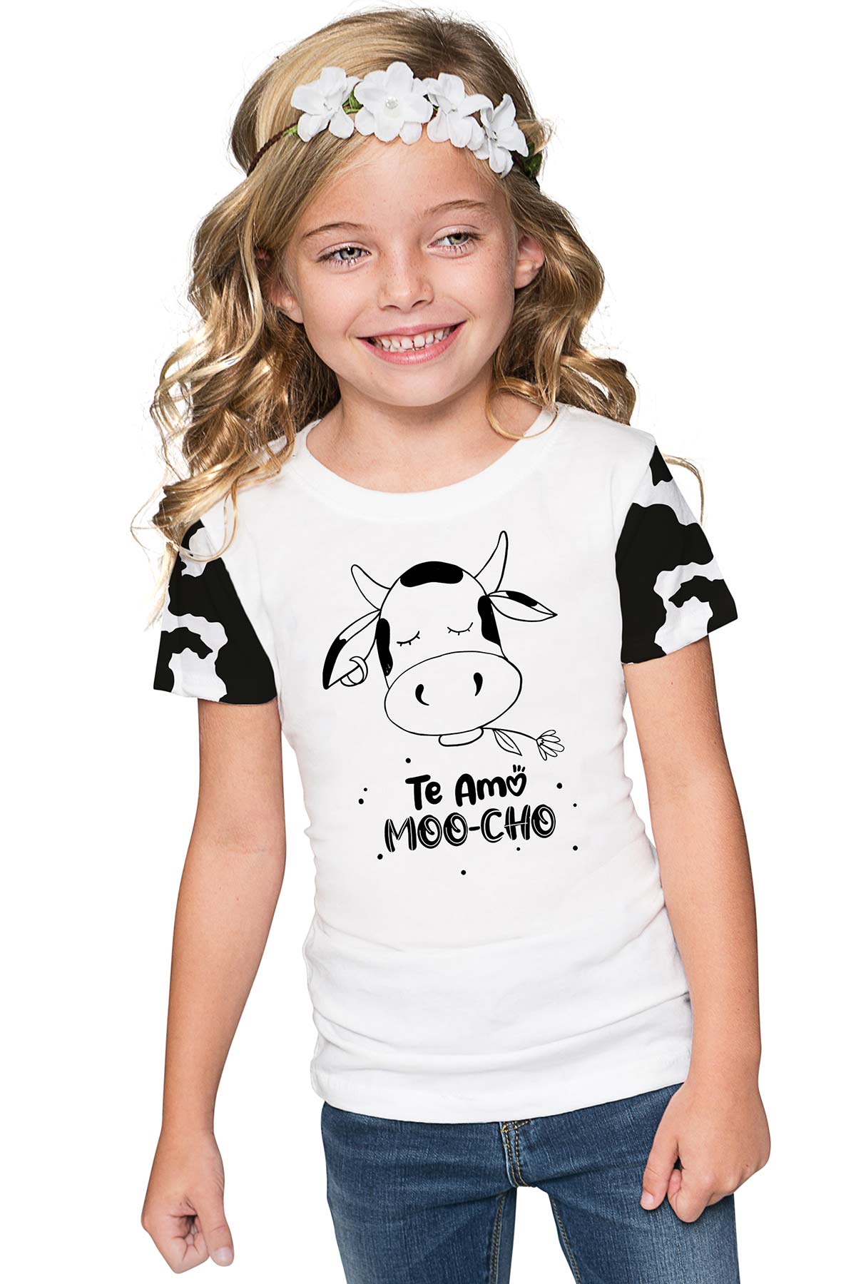 Te Amo MOO-cho Zoe White & Black Cow Print Designer T-Shirt - Girls