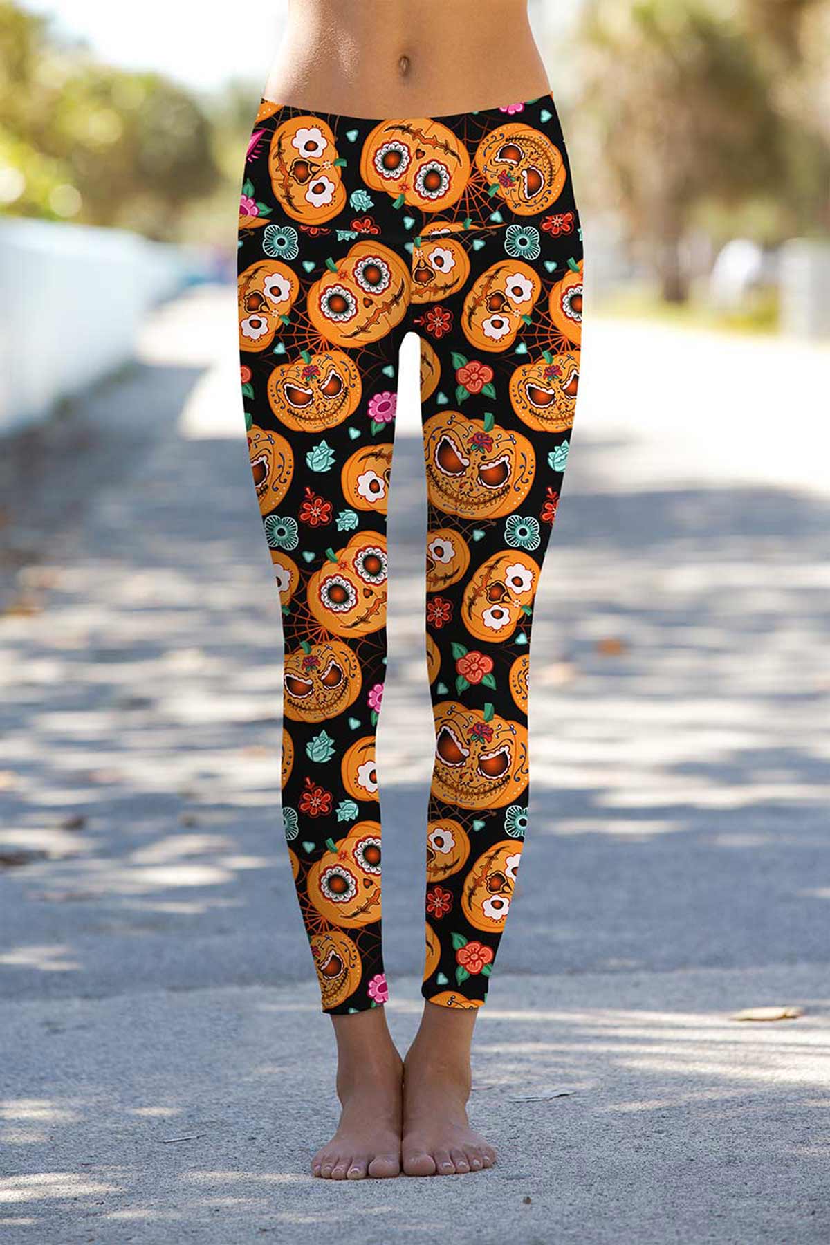 Halloweird Lucy Black & Orange Pumpkin Print Yoga Leggings - Women