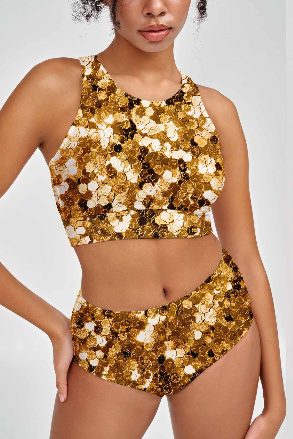 Haute Gold Carly Glitter Print High Neck Crop Bikini Top - Women