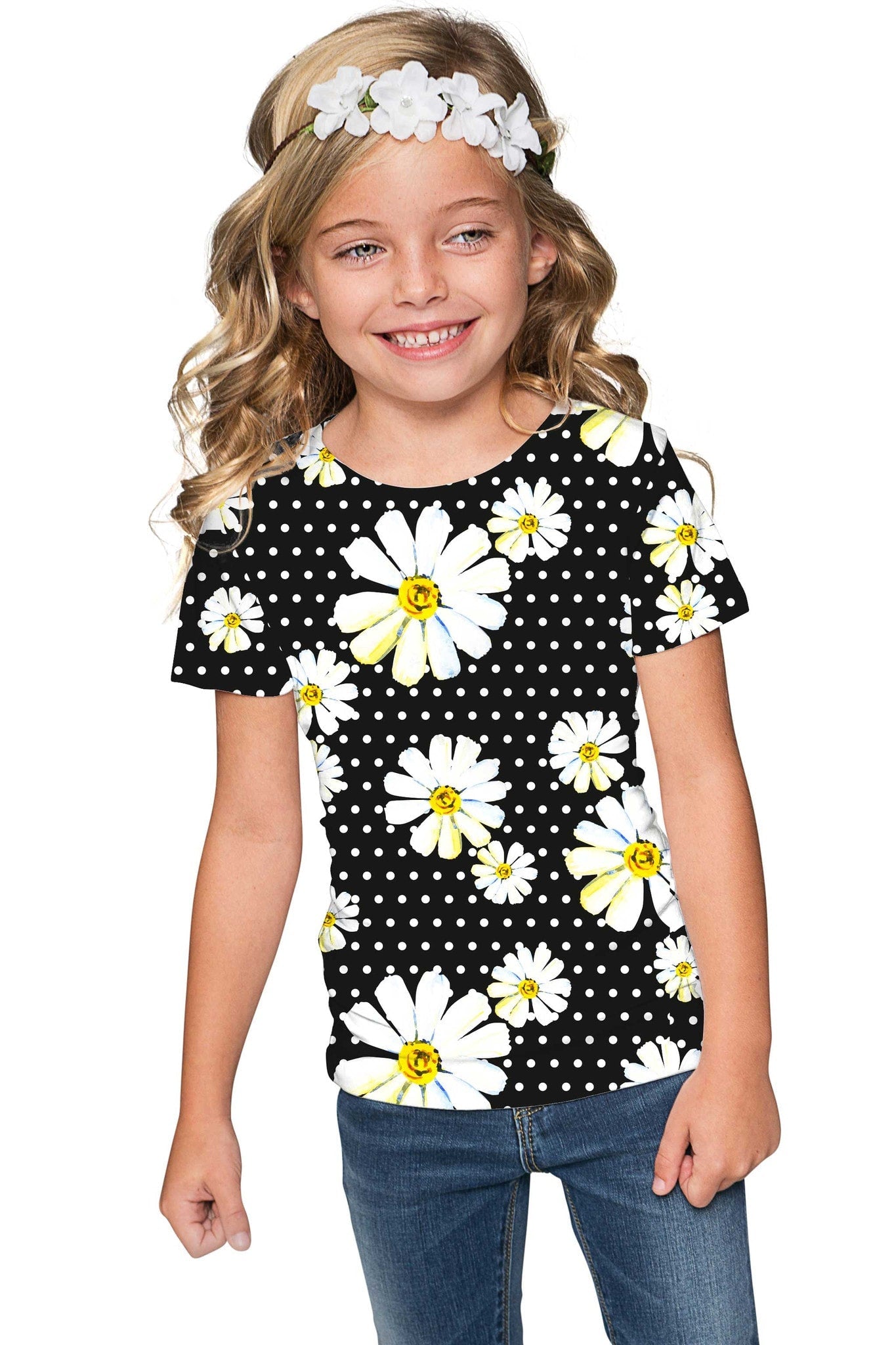 CLEARANCE! 65% off with code: VIP65 - He Loves Me Zoe Black Daisy Floral Print Cute T-Shirt - Girls