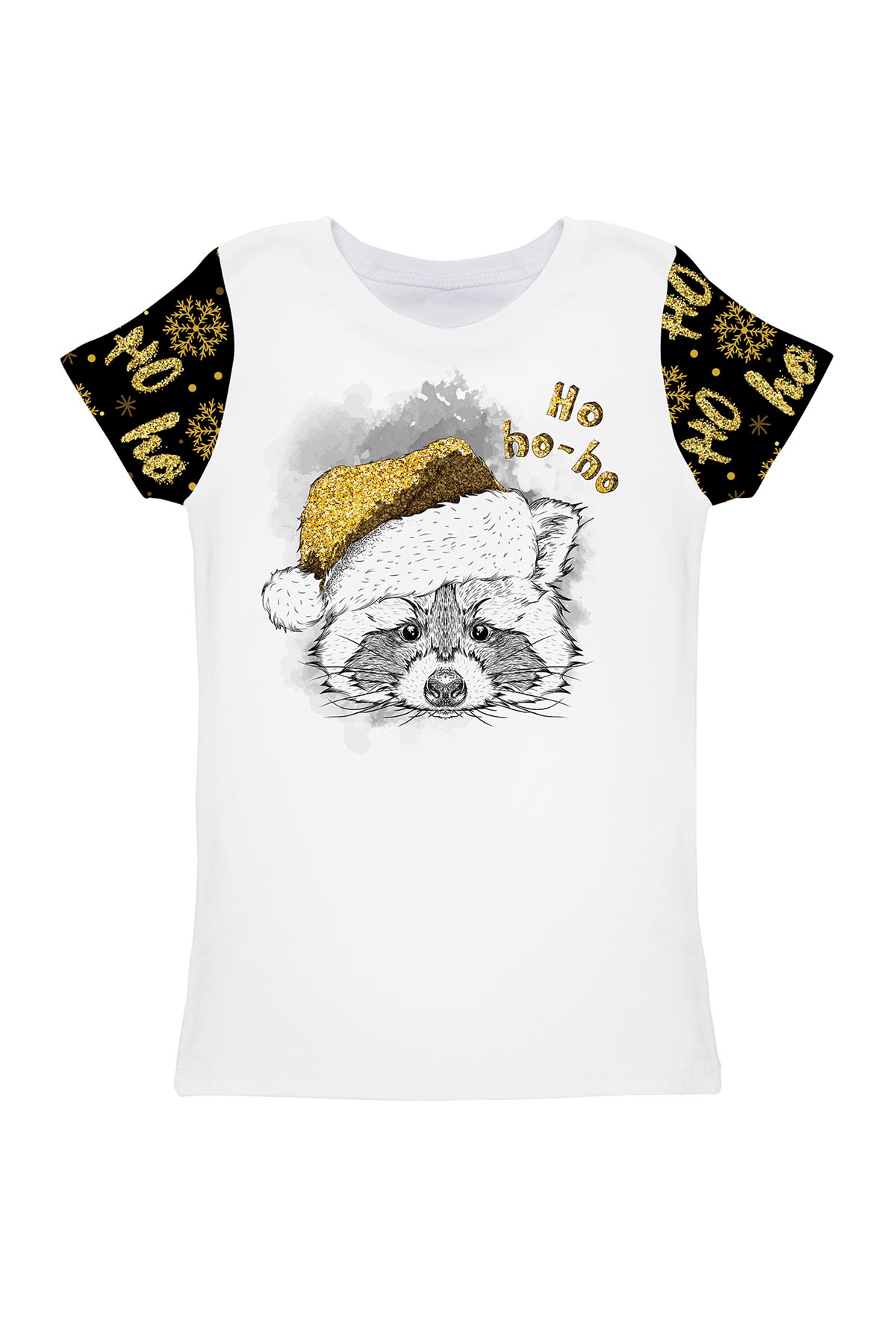 Hohoho Gold Zoe White & Black Racoon Print Designer T-Shirt - Girls