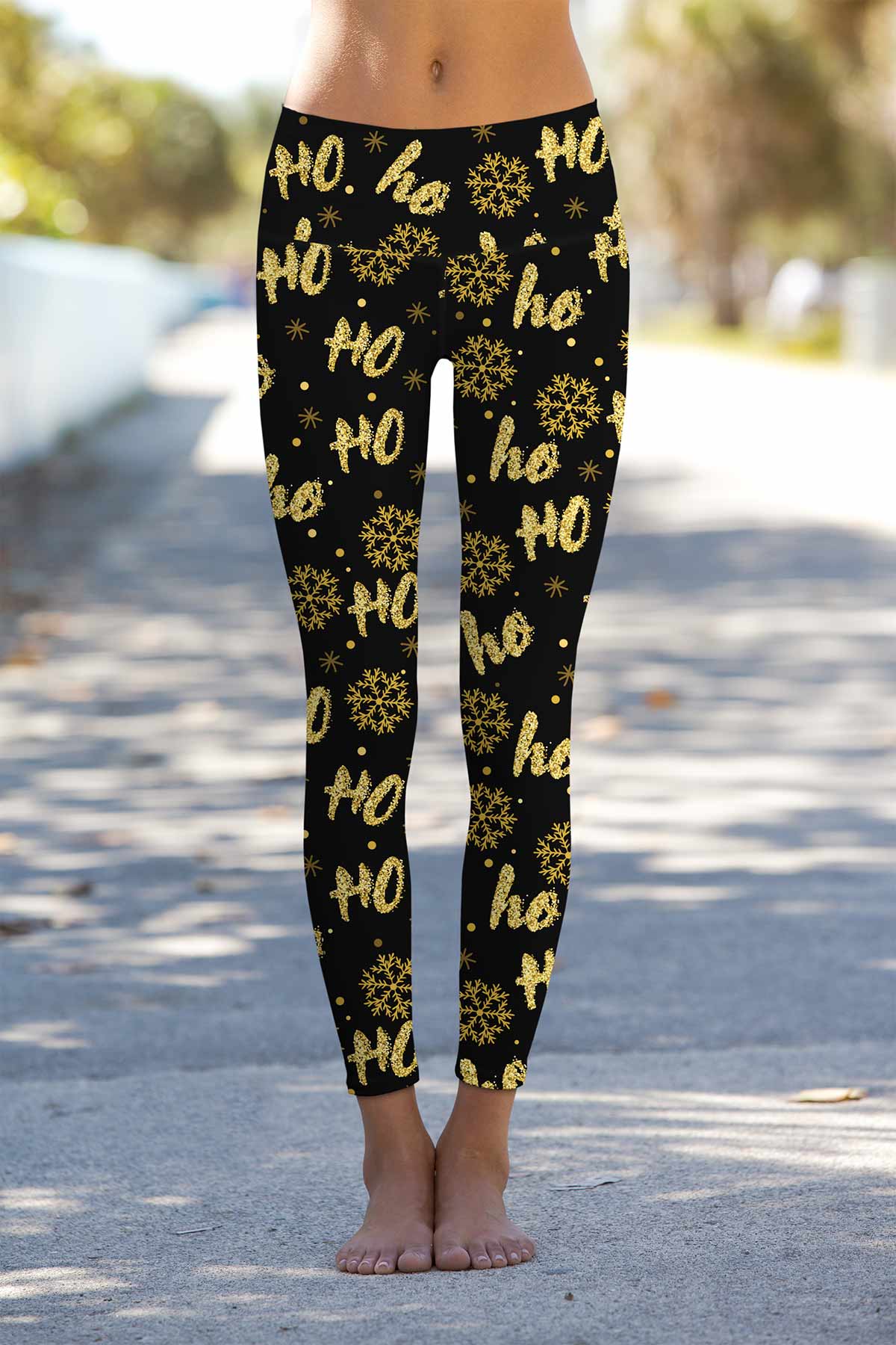 Hohoho Gold Lucy Black Glittering Printed Leggings Yoga Pants - Women