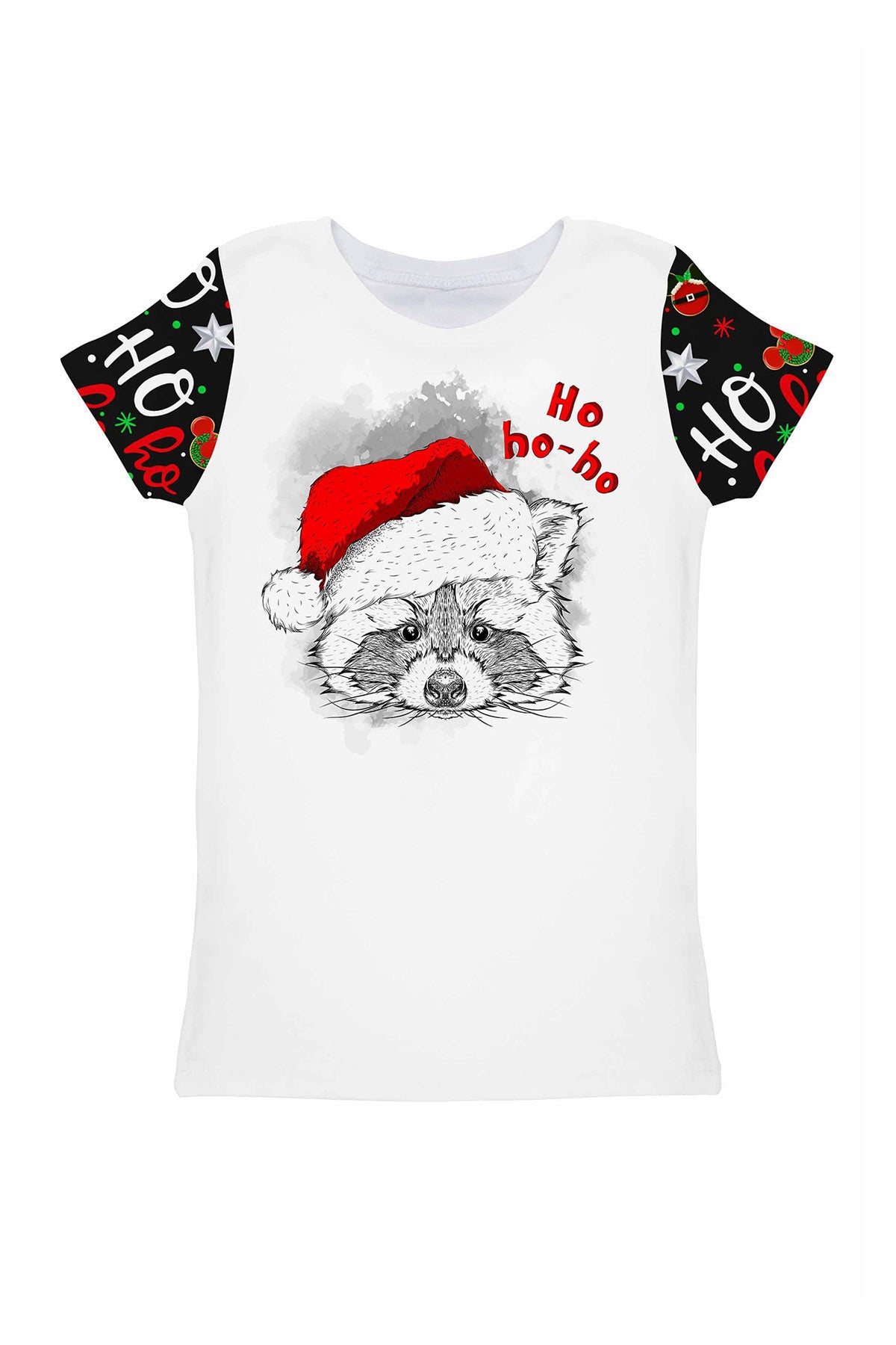 Hohoho Xmas Zoe Racoon Print Winter Cute Designer T-Shirt - Girls